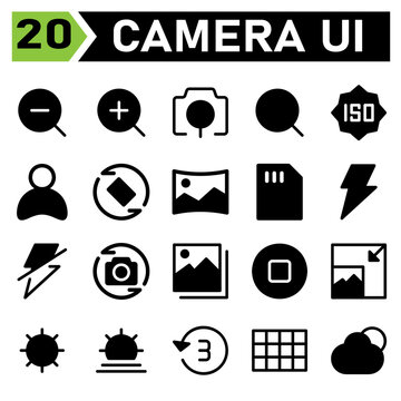 Photo Camera icon set include camera, out, zoom, magnifier, interface, in, search, photo, mode, user, account, profile, avatar, rotate, picture, rotation, image, panorama, card, memory, storage, flash