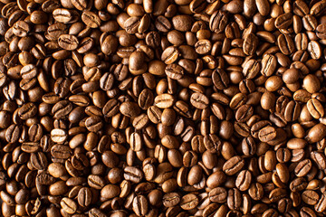 Background of roasted coffee beans full frame. A coffee-themed banner.