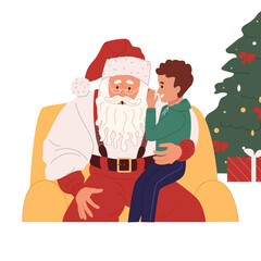 Little boy whispering in Santa Claus ear, sitting on lap. Cute kid tells secret wishes. New year Christmas holidays concept. Flat vector illustration isolated on white background