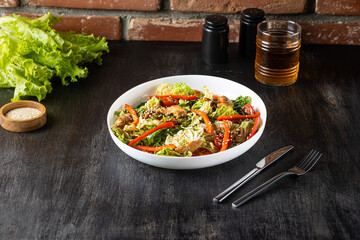 Grilled Beef Steak salad with greens vegetables. healthy food.