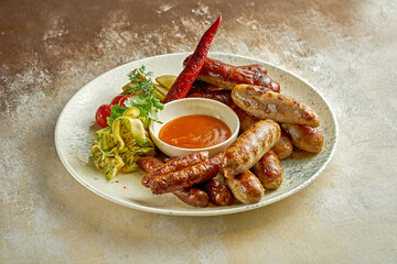 German grilled sausages. Close-up selective focus. An appetizer for beer