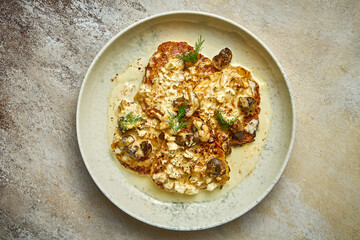 Oven-baked potato pancakes or draniki with cheese. Close-up selective focus. Ukrainian cuisine