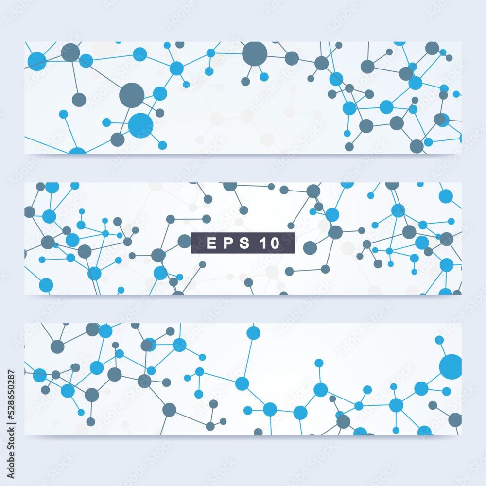 Poster scientific set of modern vector banners. dna molecule structure with connected lines and dots. scien