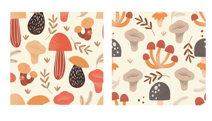 Set with two cute hand drawn vector seamless patterns with different mushrooms