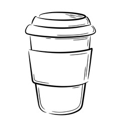Paper cup with lid for hot drinks, hand drawn in doodle style. Isolated vector line art illustration.