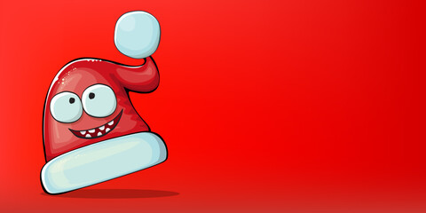 Vector cartoon Santa Claus red hat with smile face isolated on christmas red horizontal bannner background. Childrens Merry Christmas greeting card with funny monster Santa hat. Santa red hat