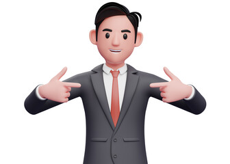 smart boy in black suit pointing self, 3D illustration of man in black suit pointing self