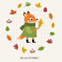 Autumn fox. Background with autumn leaves and fox
