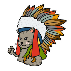 Tabby cat wear American Indian hat cartoon illustration