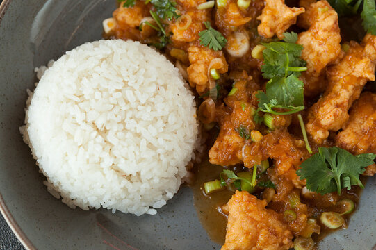 bright fragrant meat pieces and strips in starch batter in Asian style with steamed rice