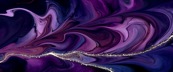 Trendy purple abstract alcohol ink background with dark contrast, color of the year, golden path, hand drawn art on the black, black canvas, graphic for book cover or brochure