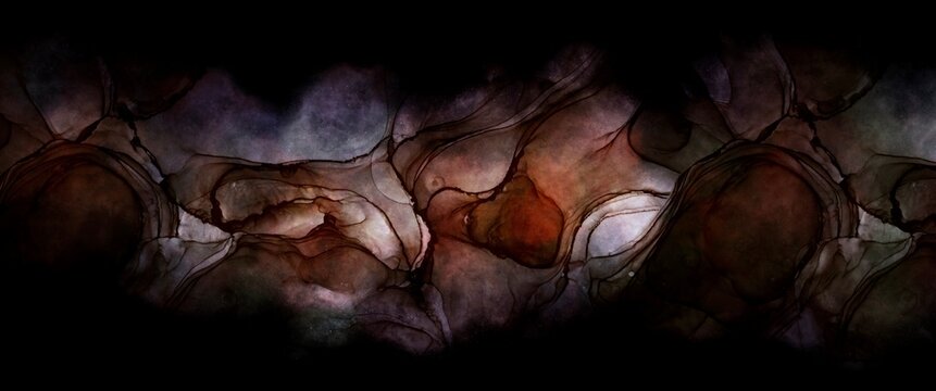 Abstract alcohol ink background with earth tones color, black and brown, dark contrast, hand drawn art on the black, black canvas, graphic for book cover or brochure