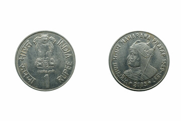 Naklejka premium One Rupee Coin,&nbsp; front and back, Maharana Pratap, Year 2003