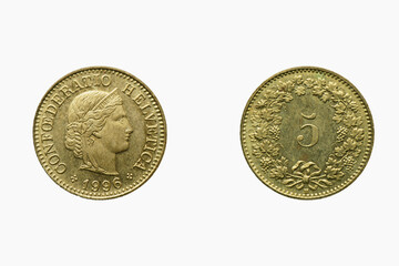 Five Rappen Coin,  Front and back, Year 1996, Switzerland