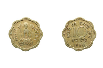 Ten paise Coin, Front and back, India,  1969, India