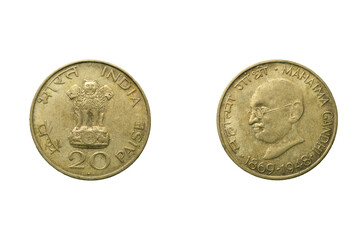 20 paise coin, Front and back, India, Mahatma Gandhi