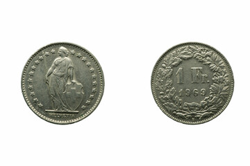 Switzerland 1 Franc, Helvetia standing copper-nickel 1968-2022 , Front and back