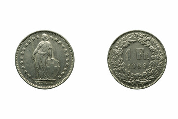 Naklejka premium Switzerland 1 Franc, Helvetia standing copper-nickel 1968-2022 , Front and back