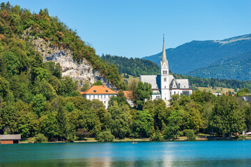 Lake Bled and Saint Martina Parish Church (zupnijska cerkev svetega Martina) in Gothic Revival or...