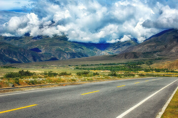 Paved mountain road from Lhasa  to Shigatse, Tibet