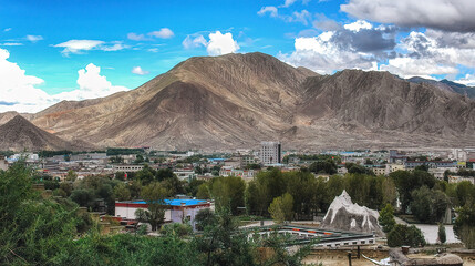 An aerial view of Shigatse, the second largest city in the region located halfway between Lhasa and...