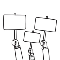 Doodle line illustration large crowd of people demonstrating with blank signs. Human hands up in modern style. 