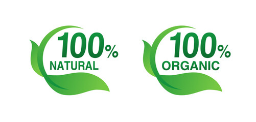 100 Percent Natural, Ecology Sticker with green leaves in creative round shape.