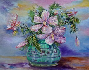 Art painting Hand drawn Oil color   flowers in vase