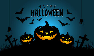 Halloween pumpkins in dark night with flying bats, spiders, cross and pumpkin. vector illustration.