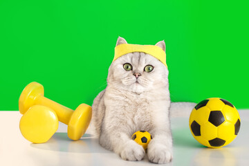 Funny white cat in a yellow sports headband, lying with a small soccer ball