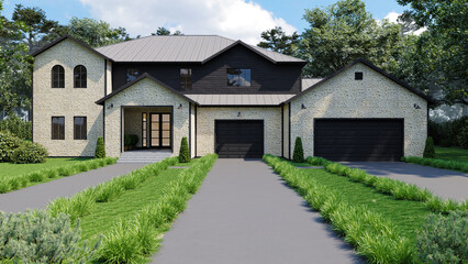 Large beautiful house with two garages. 3d render of a house. 