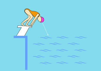 Push off the tower, jump into the water in swimming pool.