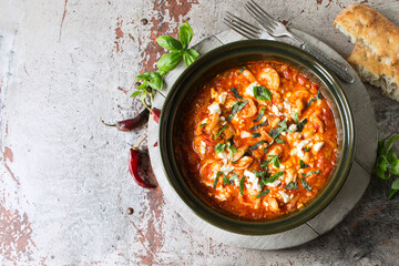 pan with shrimp in tomato sauce with feta cheese on the table, space for text