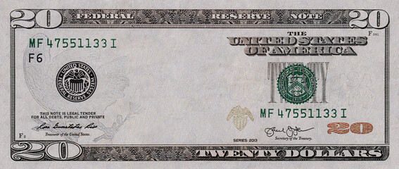 Closeup of 20 dollar banknote  with empty middle area - obrazy, fototapety, plakaty