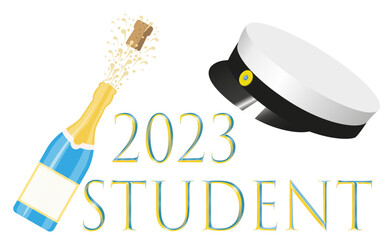 Student 2023.Traditional Swedish graduation cap and a bottle of sparkling champagne with a cork popping out.