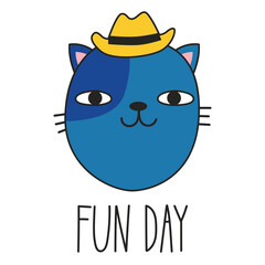 Cute cat in a hat and lettering FUN DAY. Doodle style. Vector illustration