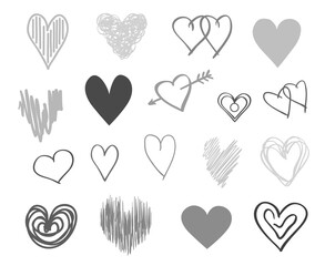 Plakat Hand drawn grunge hearts on isolated white background. Set of love signs. Unique image for design. Black and white illustration. Elements for design
