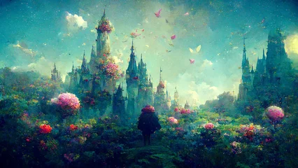 Poster Illustration eines märchenhaften, traumhaften Schlosses in Pastellfarben, magisches und mystisches mittelalterliches Königreich © Berit Kessler
