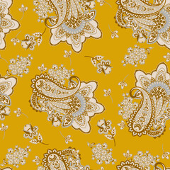 Fototapeta na wymiar Paisley vector seamless pattern. Fantastic flower, leaves. Textile bohemian print. Batik painting. Vintage