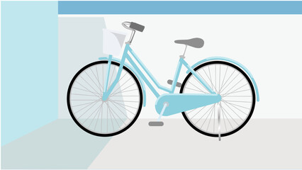 A blue minimalist style bicycle is placed outside a white building, realistic minimalistic illustration vector