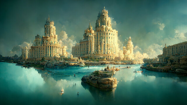 Illustration of Atlantis, ancient civilization, history and mythology, legend city sunken under the water