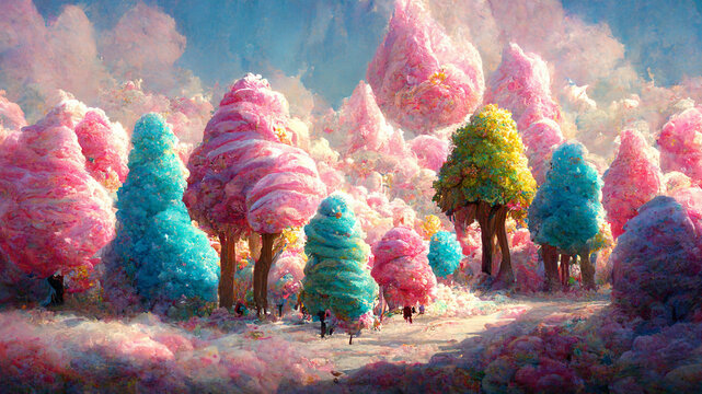 Illustration of  colorful dreamlike candy cotton trees in a forest,  abstract pink landscape, optimism concept
