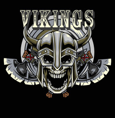 Vector Illustration of Skull Wearing Viking Helmet in Vintage Style