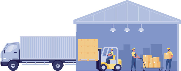 Warehouse Management, logistic process, forklift driver, Warehouse Loading Truck Working Forklift. Warehouse worker loading boxes in truck. Load cargo boxes onto trucks. © yellow_man