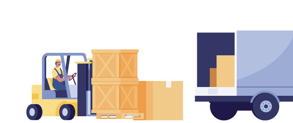 Worker driver at warehouse forklift loader works and dip boxes into a truck. © yellow_man