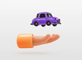 Zelfklevend Fotobehang 3d cartoon human hand holding toy car vector illustration. Little auto in arm on white background design element © Oleg