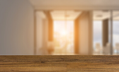 Modern office Cabinet.  3D rendering.   Meeting room. Sunset.. Background with empty wooden table. Flooring.