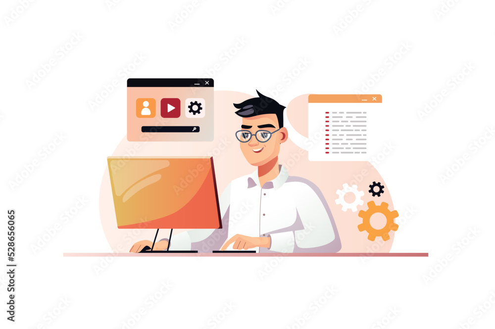 Poster programming orange concept with people scene in the flat cartoon design. programmer creates code for