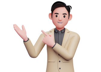 businessman in brown suit black tie Pointing and recommending pose, 3d illustration of businessman in brown suit pointing side up