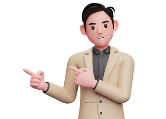 Obraz premium man in brown suit pointing side with both index fingers, 3d illustration of a smart businessman pointing